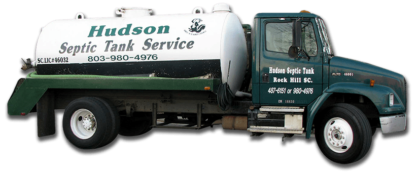 Hudson Septic Tank Cleaning | Rock Hill, York County, Chester County, Lancaster County | dark green company truck with logo and phone number painted on its side